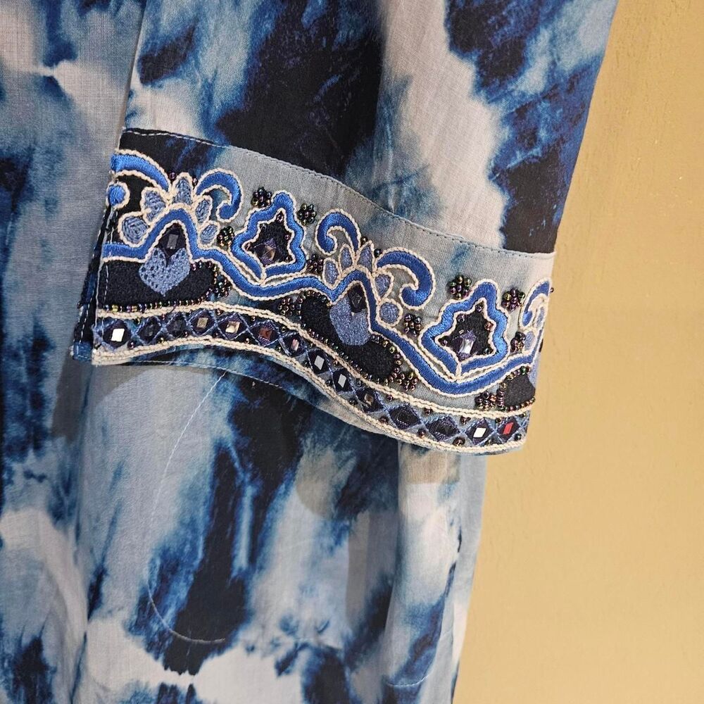 boho festival blue navy tie dye button up kaftan - Picture 5 of 6